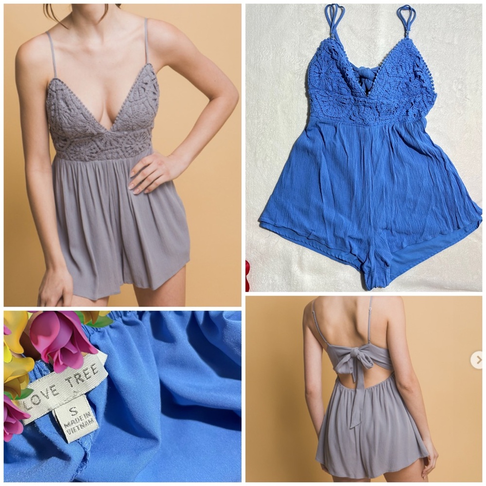 LOVE TREE Crochet Bodice Romper - Size S - Blue